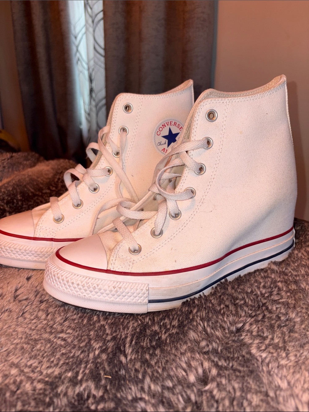 Converse White High-Top Wedge Sneakers with Red & Blue Stripe